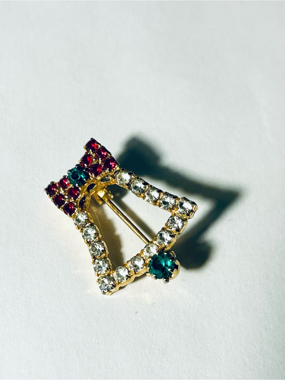 Vintage Gold-Tone Bell Brooch Brooch with Green and Red Accents, Noel, Christmas
